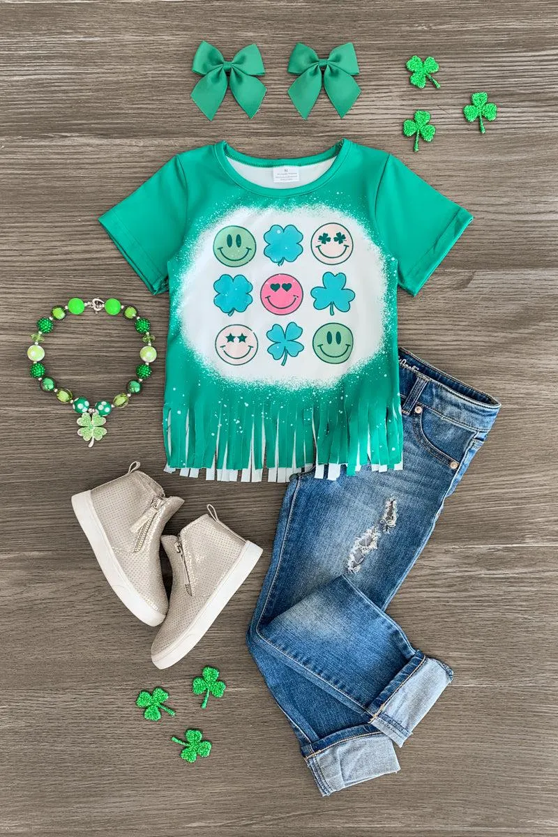 Green Shamrock Smiley Face Fringe Top