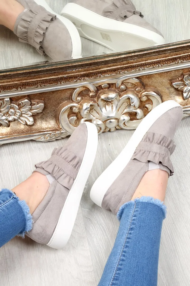 Grey Faux Suede Frill Slip On Trainers - Nara