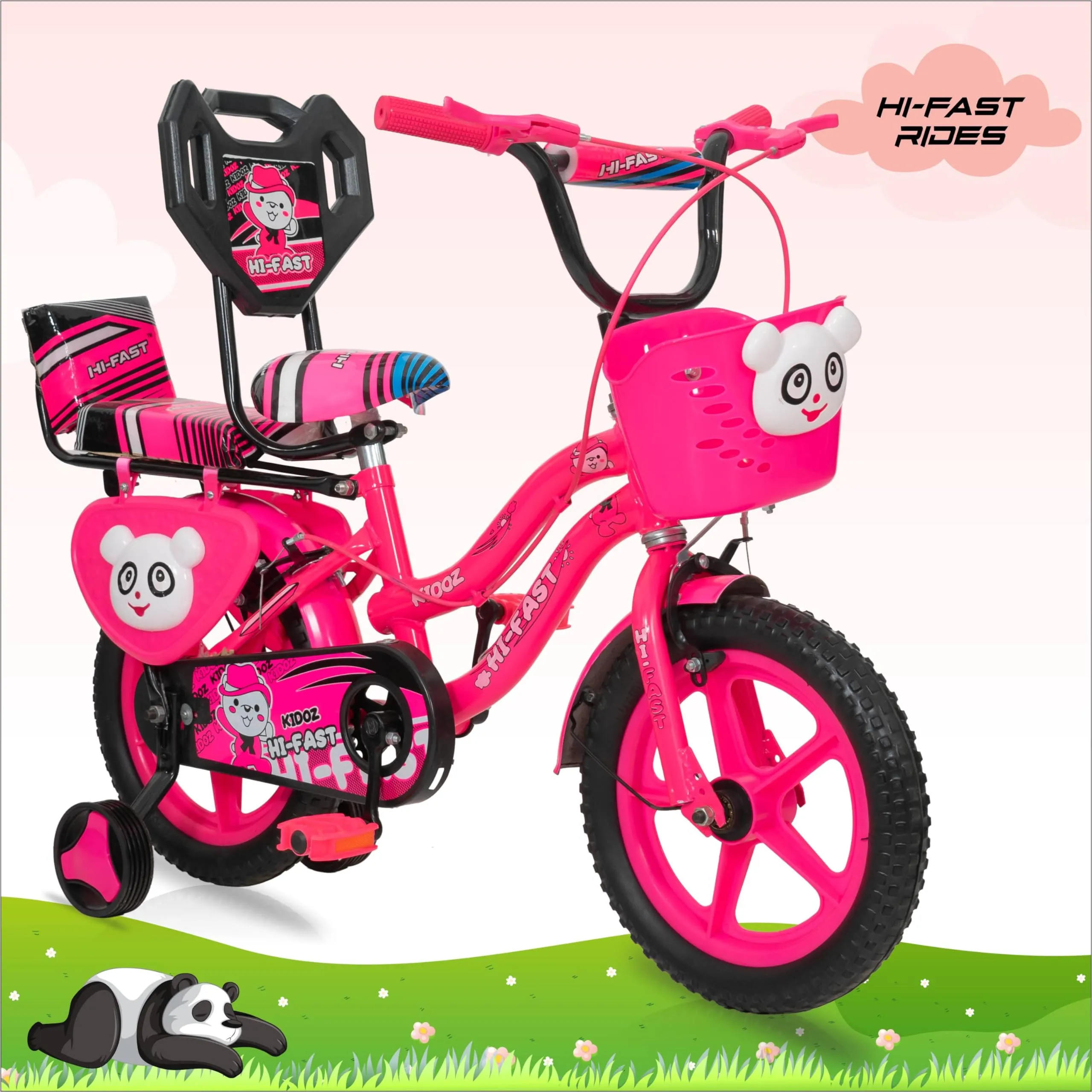 HI-FAST 14 inch Kids Cycle for Boys & Girls 2 to 5 Years with Back Seat & Training Wheels (95% Assembled), (Pink)