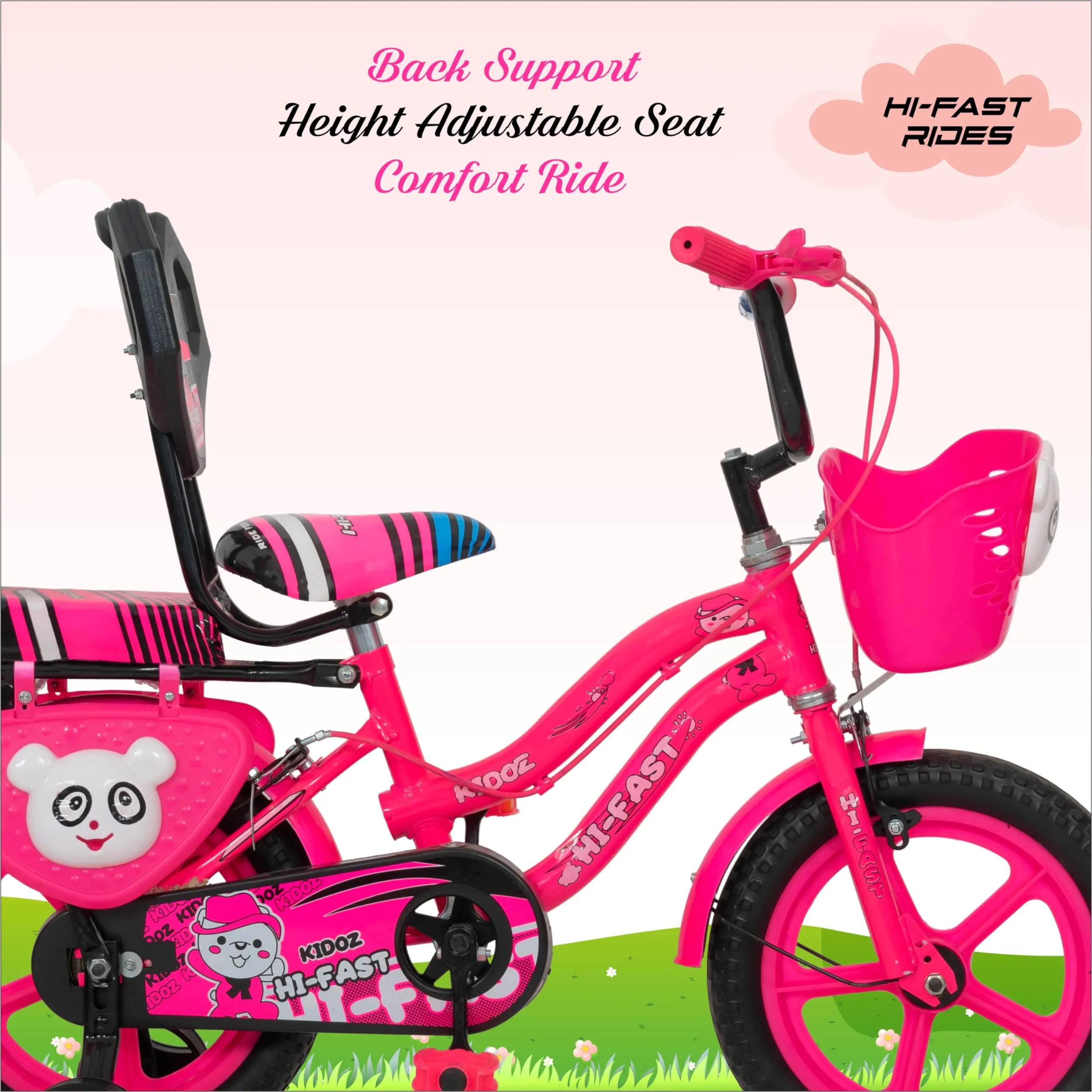 HI-FAST 14 inch Kids Cycle for Boys & Girls 2 to 5 Years with Back Seat & Training Wheels (95% Assembled), (Pink)