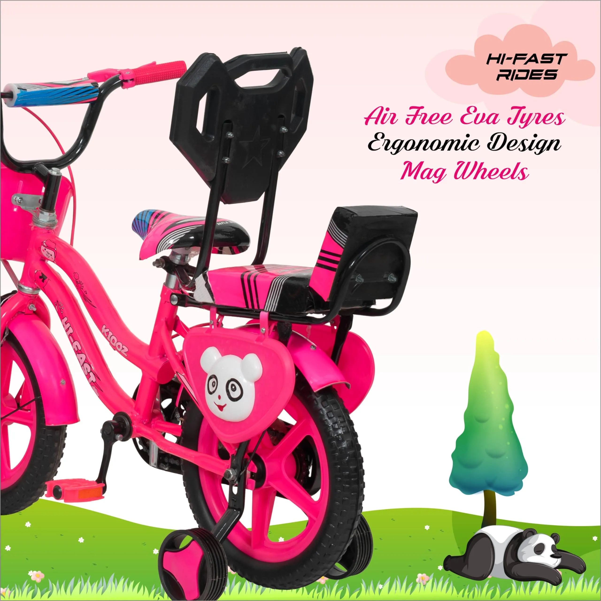 HI-FAST 14 inch Kids Cycle for Boys & Girls 2 to 5 Years with Back Seat & Training Wheels (95% Assembled), (Pink)