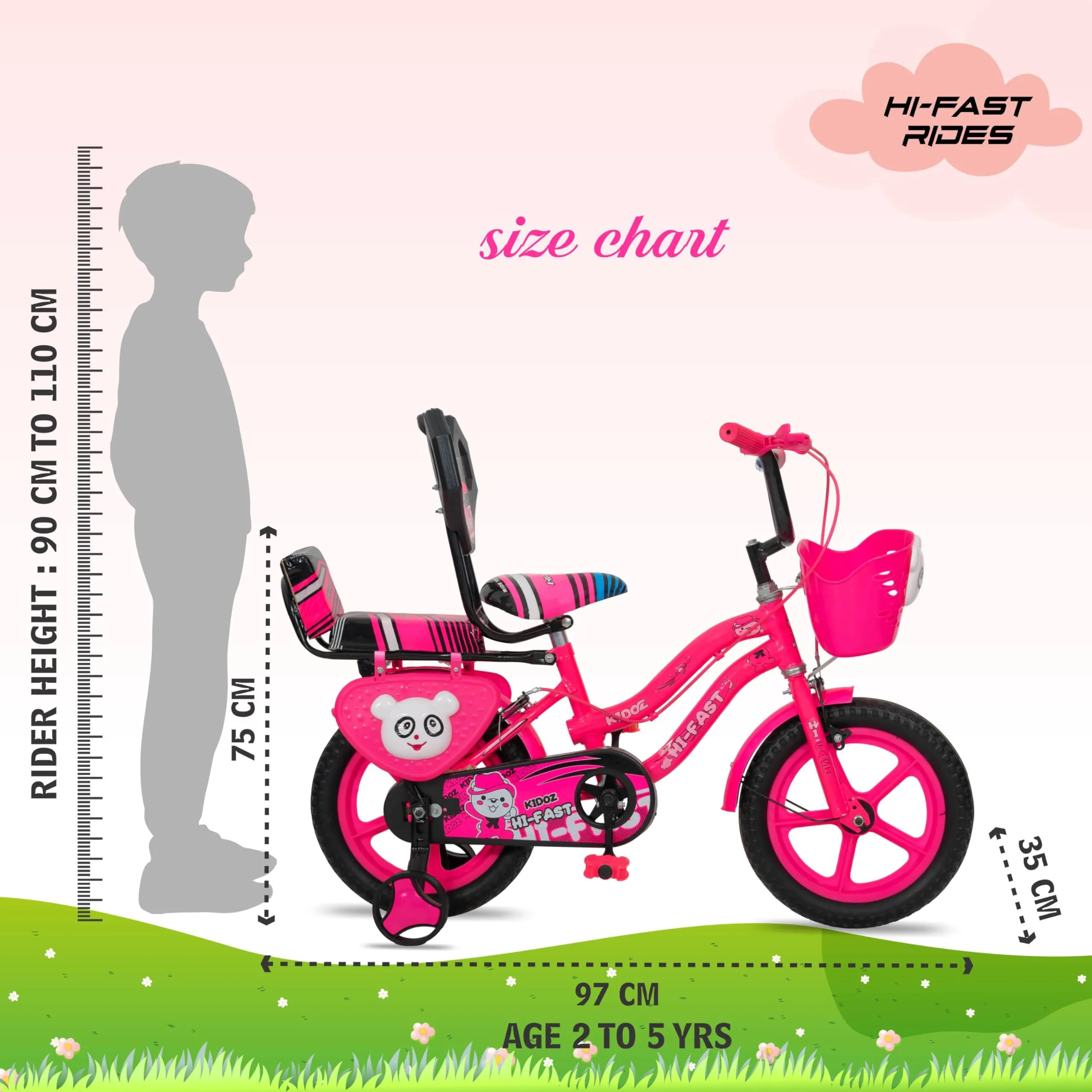 HI-FAST 14 inch Kids Cycle for Boys & Girls 2 to 5 Years with Back Seat & Training Wheels (95% Assembled), (Pink)