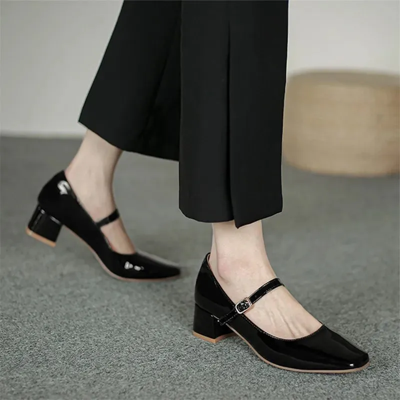 Hnzxzm New Plus Size 41 Women Mary Jane Shoes Square Toe Pumps Patent Leather Dress Shoes Office Ladies Shoes Mid Heels Wine Red Shoes