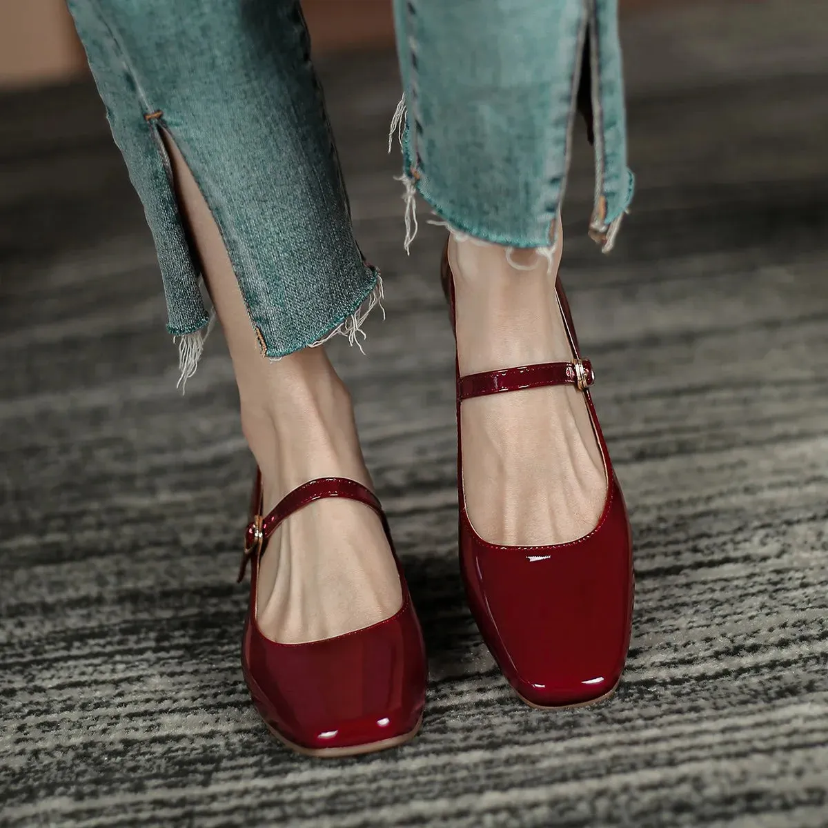 Hnzxzm New Plus Size 41 Women Mary Jane Shoes Square Toe Pumps Patent Leather Dress Shoes Office Ladies Shoes Mid Heels Wine Red Shoes