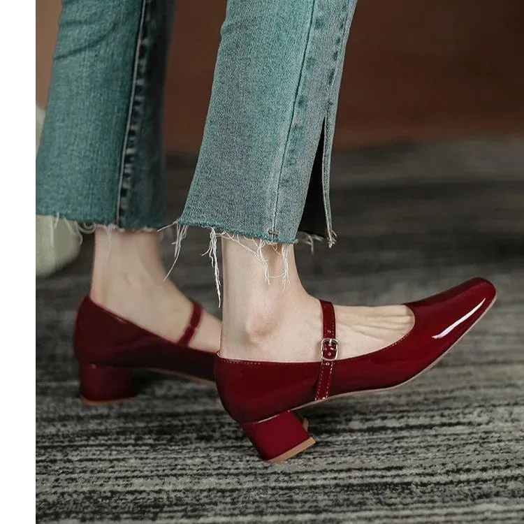 Hnzxzm New Plus Size 41 Women Mary Jane Shoes Square Toe Pumps Patent Leather Dress Shoes Office Ladies Shoes Mid Heels Wine Red Shoes