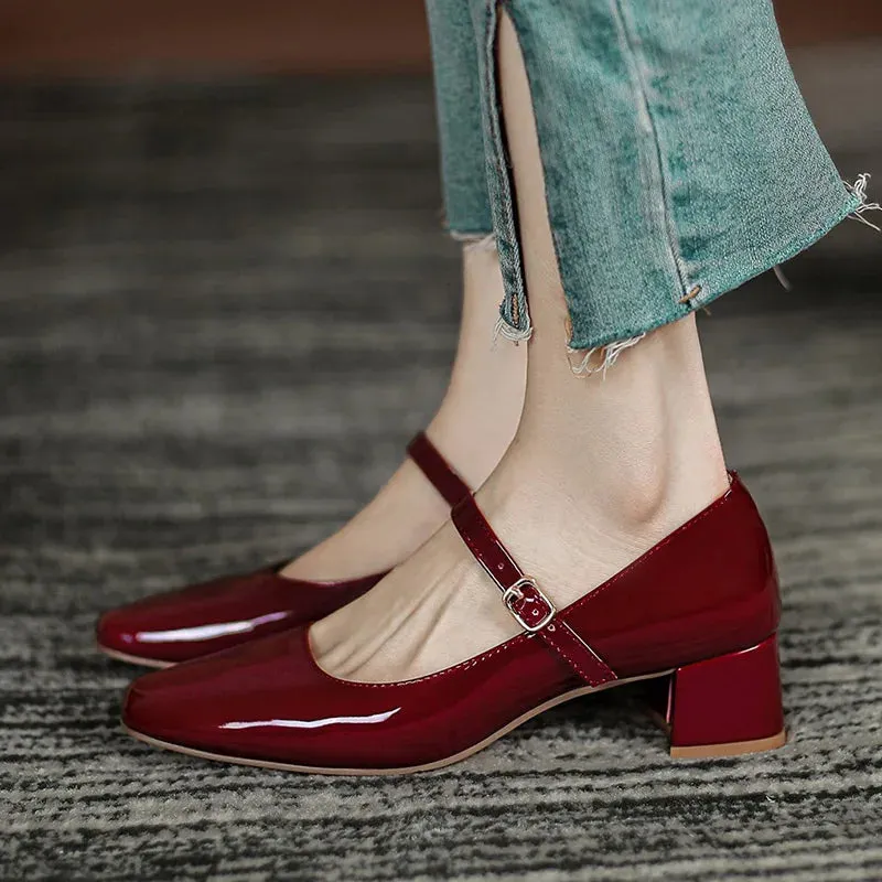 Hnzxzm New Plus Size 41 Women Mary Jane Shoes Square Toe Pumps Patent Leather Dress Shoes Office Ladies Shoes Mid Heels Wine Red Shoes