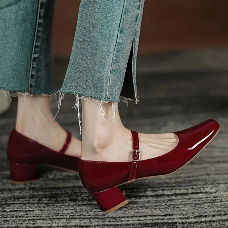 Hnzxzm New Plus Size 41 Women Mary Jane Shoes Square Toe Pumps Patent Leather Dress Shoes Office Ladies Shoes Mid Heels Wine Red Shoes