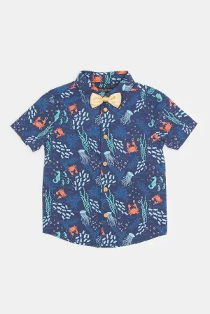 Infant Boys Navy Crab Printed Bow Shirt