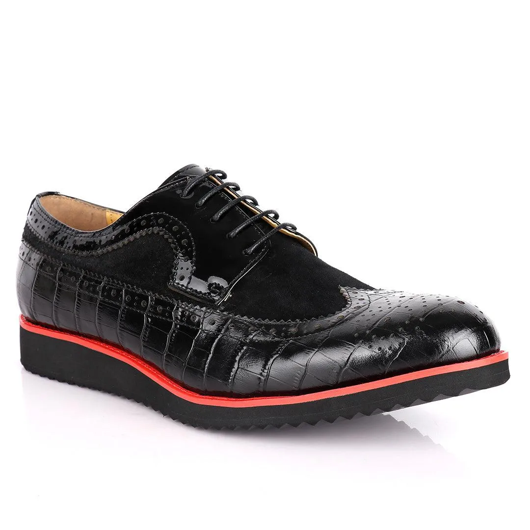 John Mendson Two-Toned Croc Leather Brogues- Black