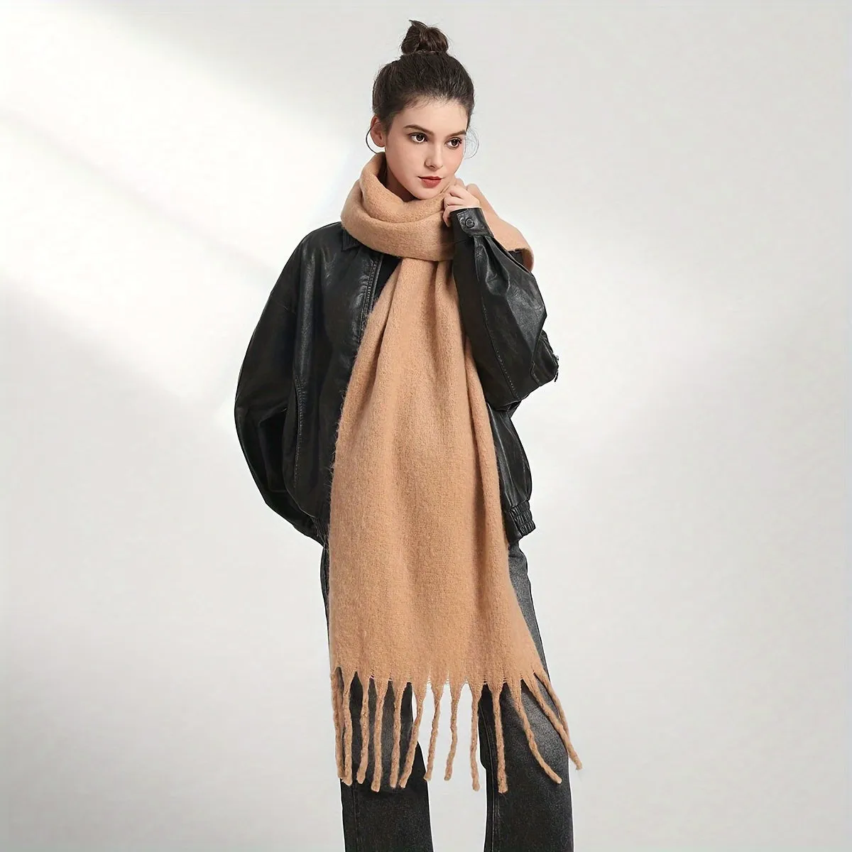 Large Solid Color Chunky Shawl Scarf - Soft, Windproof, Thick, Coldproof, and Warm Wrap for Women - Perfect for Autumn and Winter, Mature, Casual, Inelastic, Polyester, No Feathers, Basics