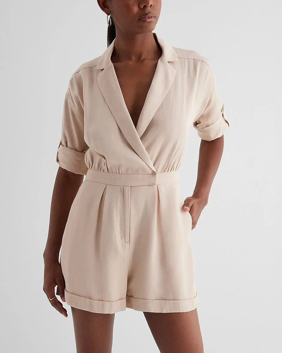 Linen-Blend V-Neck Utility Blazer Romper in Neutral