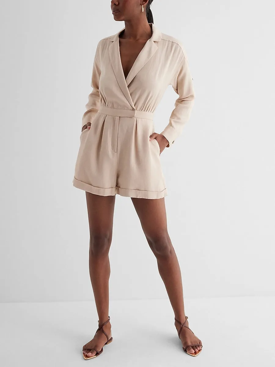 Linen-Blend V-Neck Utility Blazer Romper in Neutral