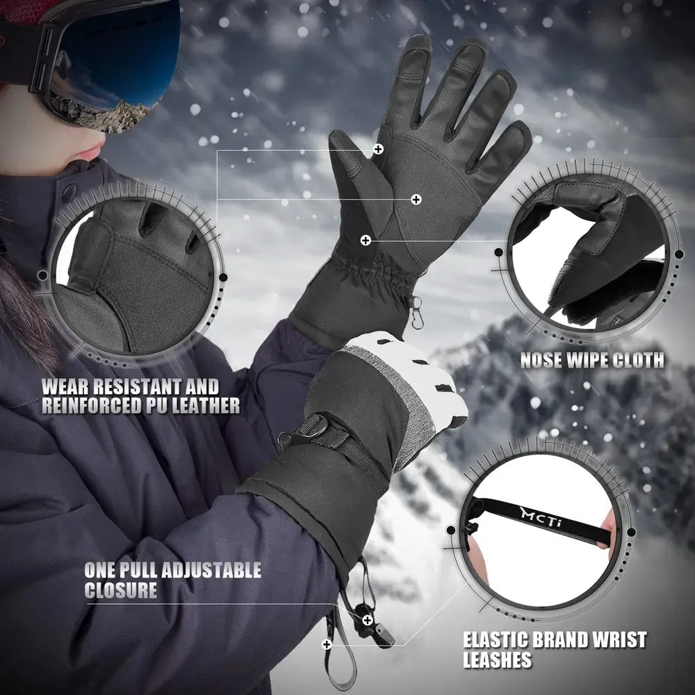 MCTi Ski Gloves,Winter Waterproof Snowboard Snow 3M Thinsulate Warm Touchscreen Cold Weather Women Gloves Wrist Leashes