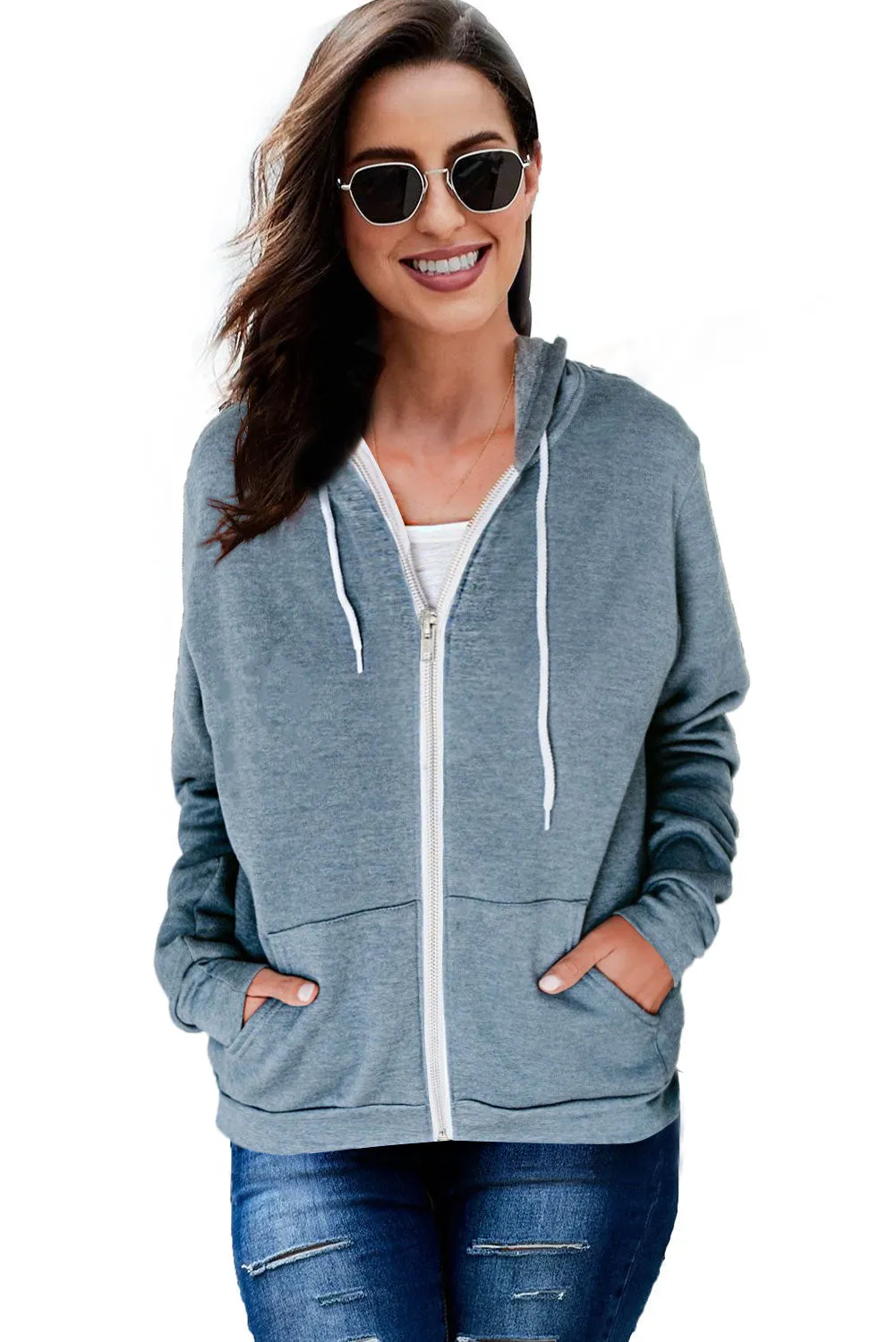 Oversized Zip Up Hoodie Sweatshirt Solid Color Jacket with Zipper