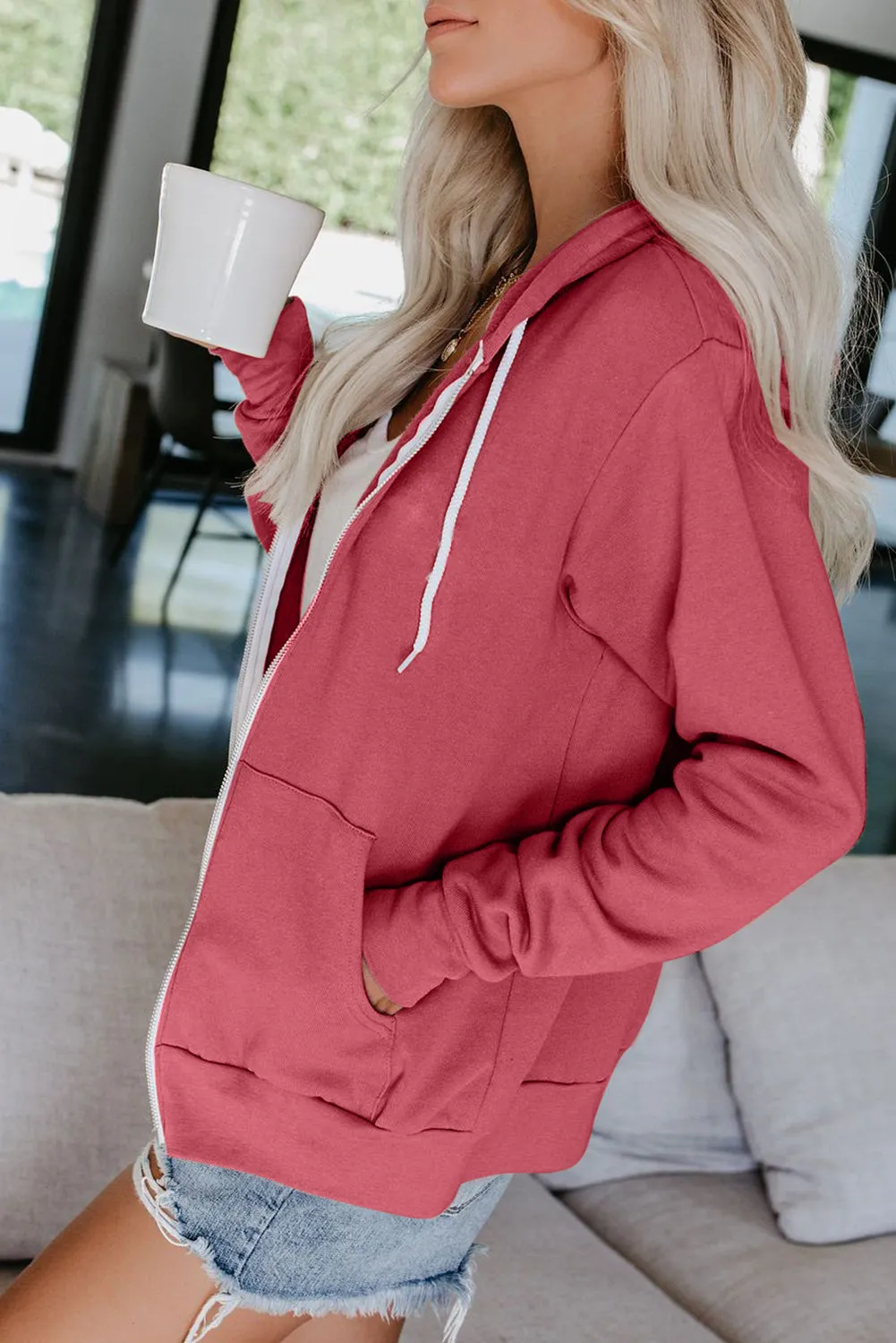 Oversized Zip Up Hoodie Sweatshirt Solid Color Jacket with Zipper