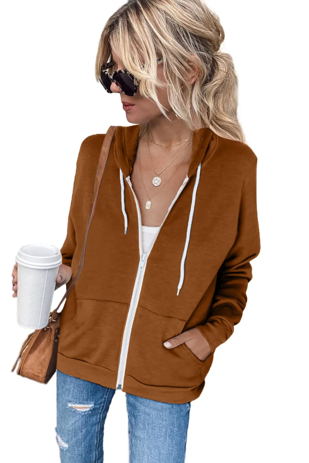 Oversized Zip Up Hoodie Sweatshirt Solid Color Jacket with Zipper