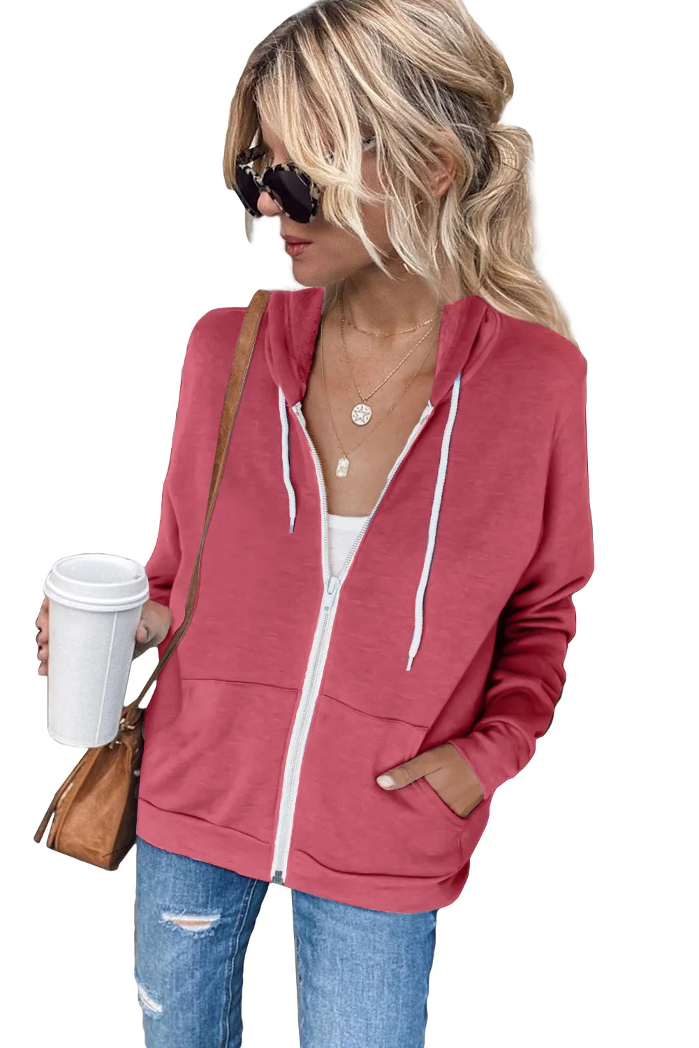 Oversized Zip Up Hoodie Sweatshirt Solid Color Jacket with Zipper