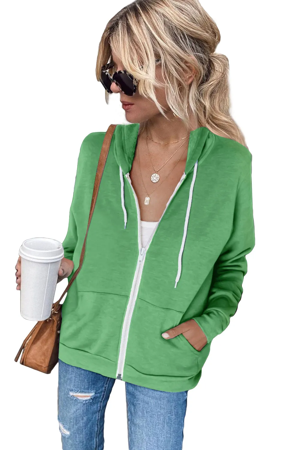 Oversized Zip Up Hoodie Sweatshirt Solid Color Jacket with Zipper