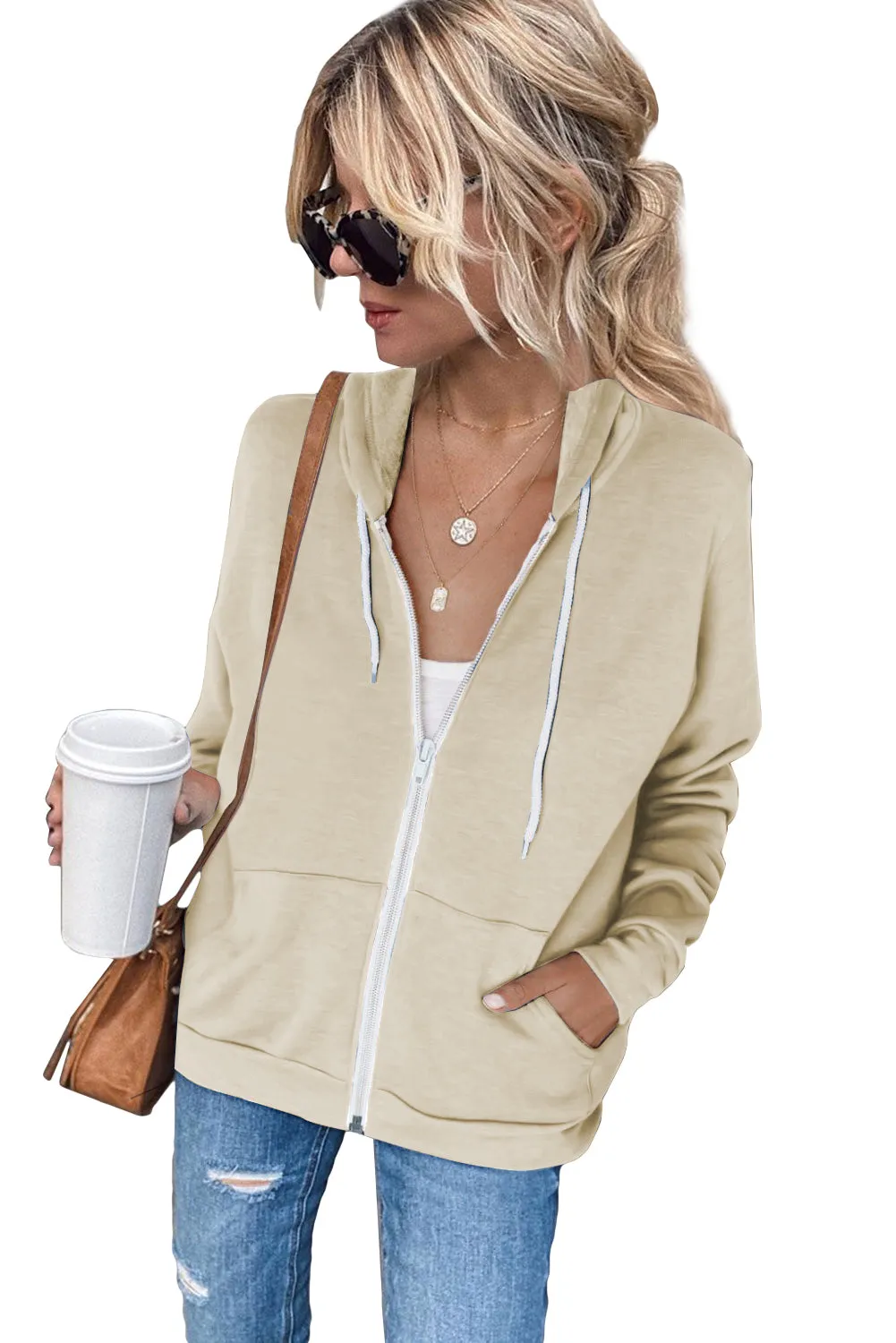 Oversized Zip Up Hoodie Sweatshirt Solid Color Jacket with Zipper