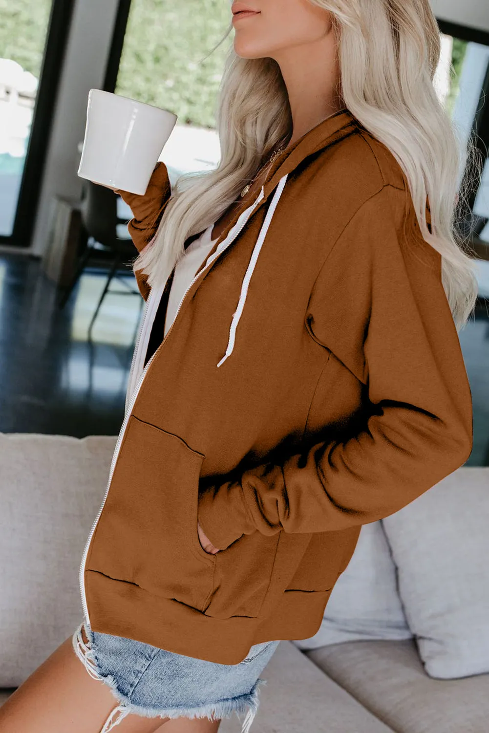 Oversized Zip Up Hoodie Sweatshirt Solid Color Jacket with Zipper