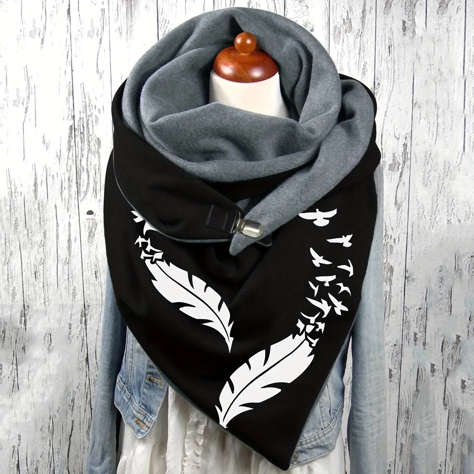 Personality Feather Pattern Triangle Scarf Thick Fleece Lined Soft Warm Buckle Shawl Autumn Winter Coldproof Elastic Wrapped Neck Scarf