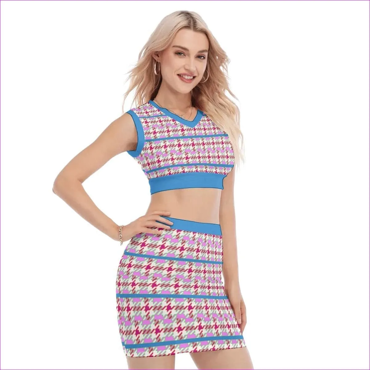 Pink Houndstooth Womens V Collar Vest Skirt Set