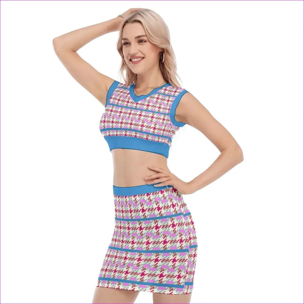 Pink Houndstooth Womens V Collar Vest Skirt Set