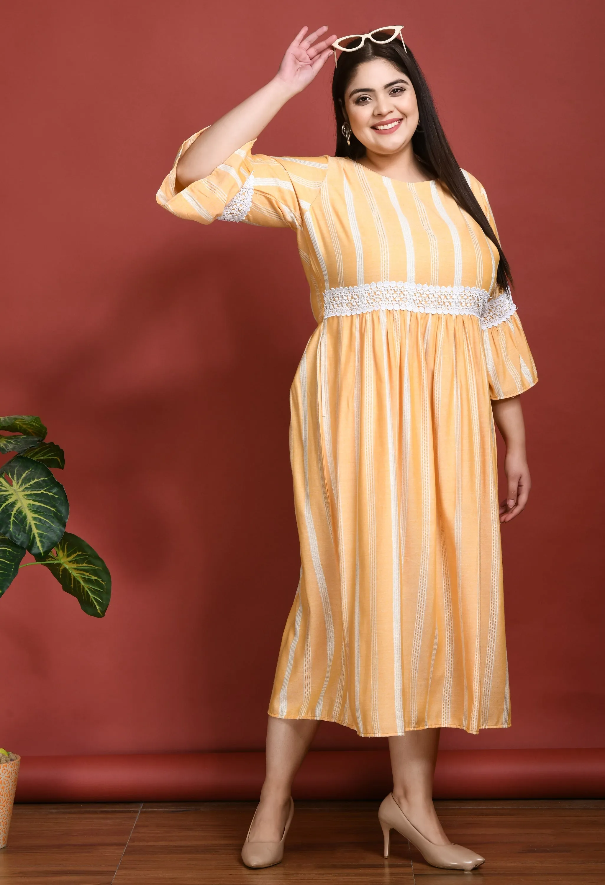 Plus Size Plus Size Yellow Striped Lace Dress