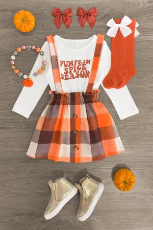 "Pumpkin Spice Season" Plaid Suspender Skirt Set