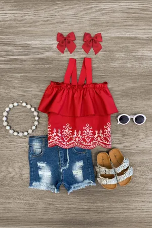 Red Embroidery Tank Distressed Short Set