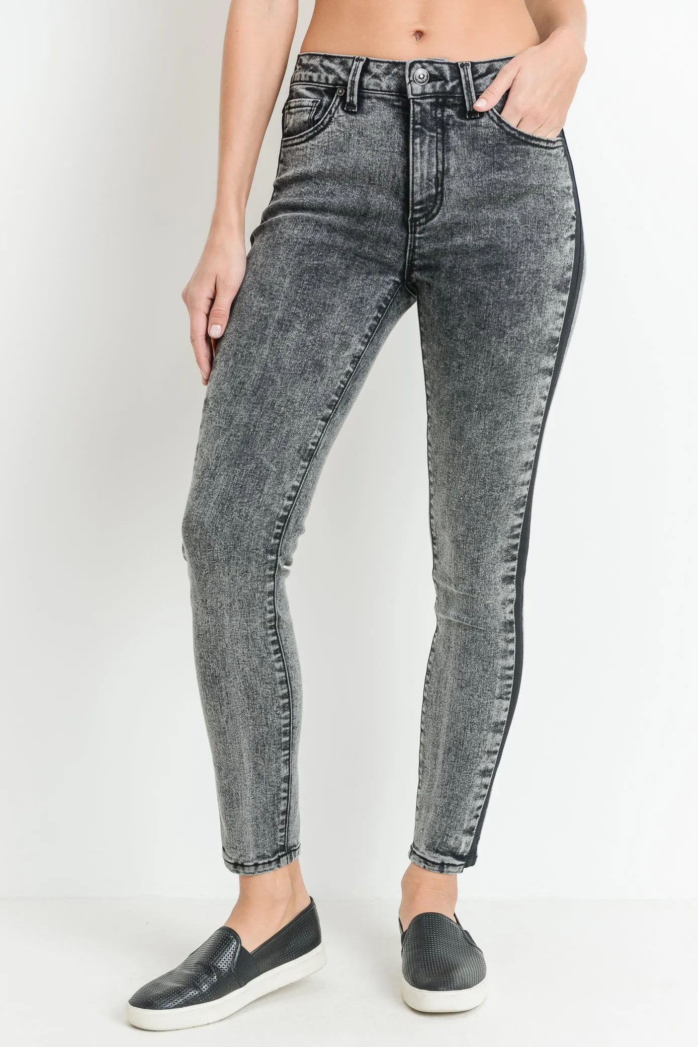 Skinny Black Acid Wash Jeans with Black Side Seam