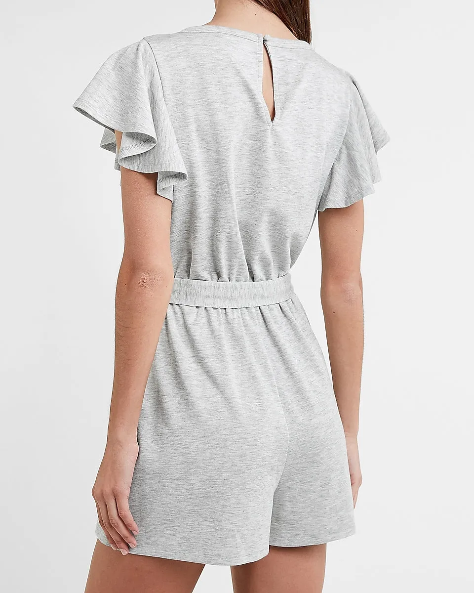 Soft Belted Ruffle Sleeve Romper in Silver Heather Gray