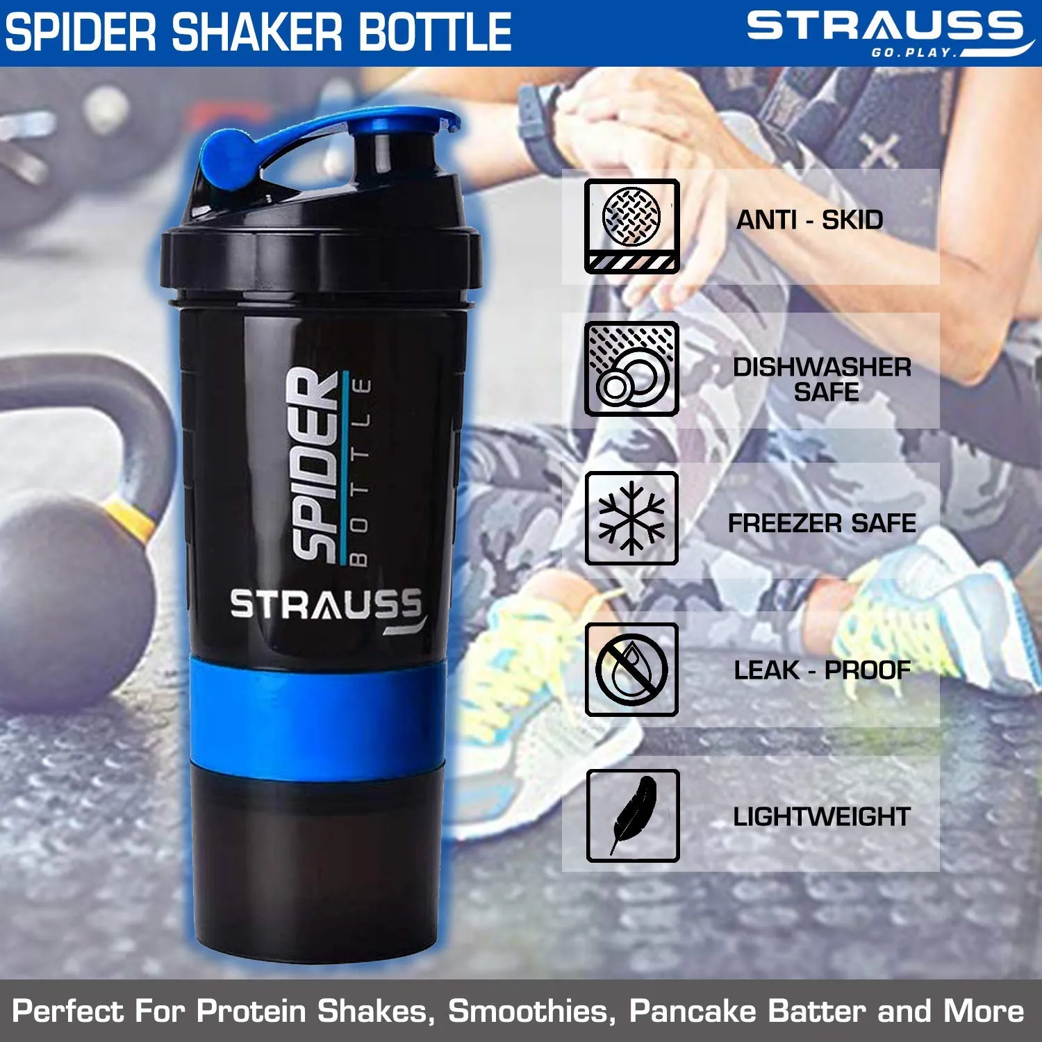 Strauss Spider Shaker Bottle 500ml,(Sky Blue) and Wrist Support Pair (Free Size, Black)