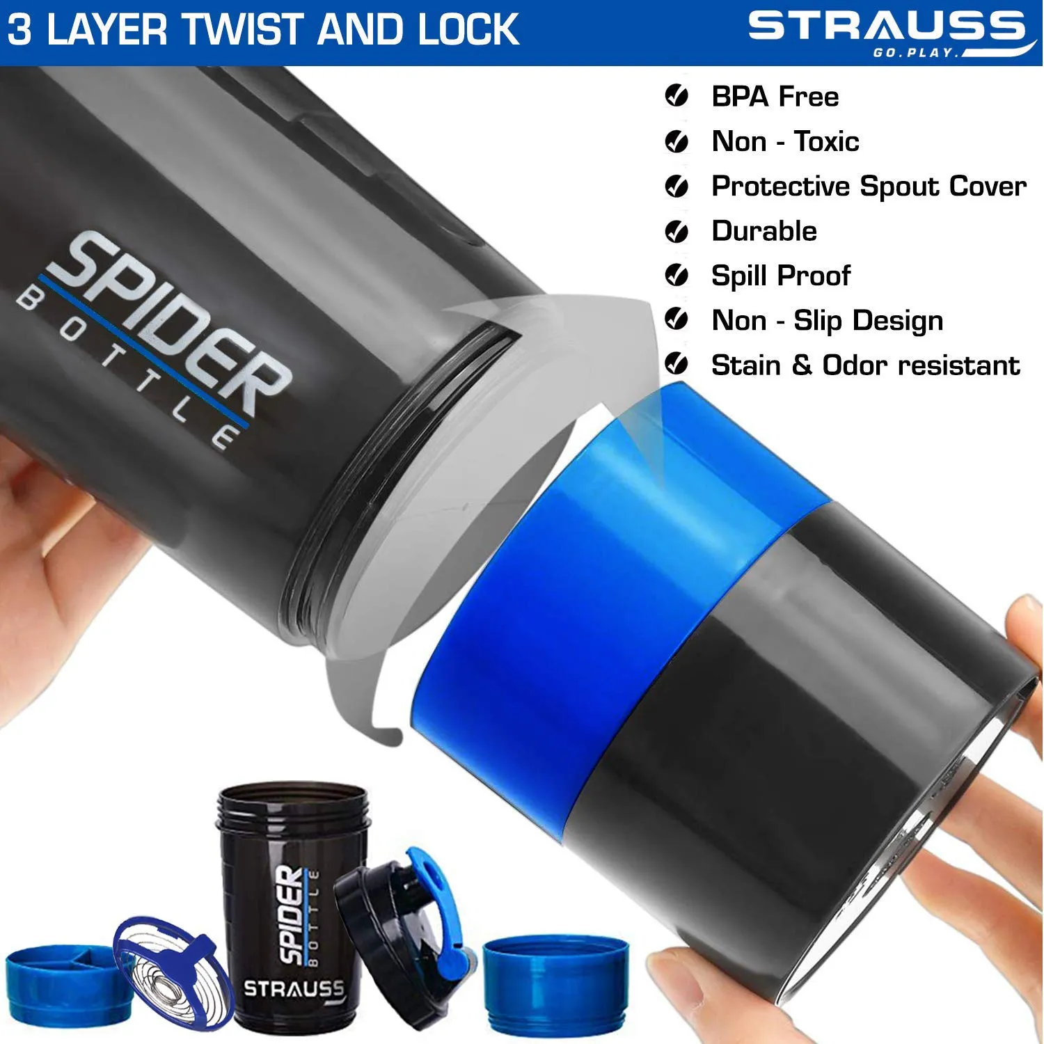 Strauss Spider Shaker Bottle 500ml,(Sky Blue) and Wrist Support Pair (Free Size, Black)