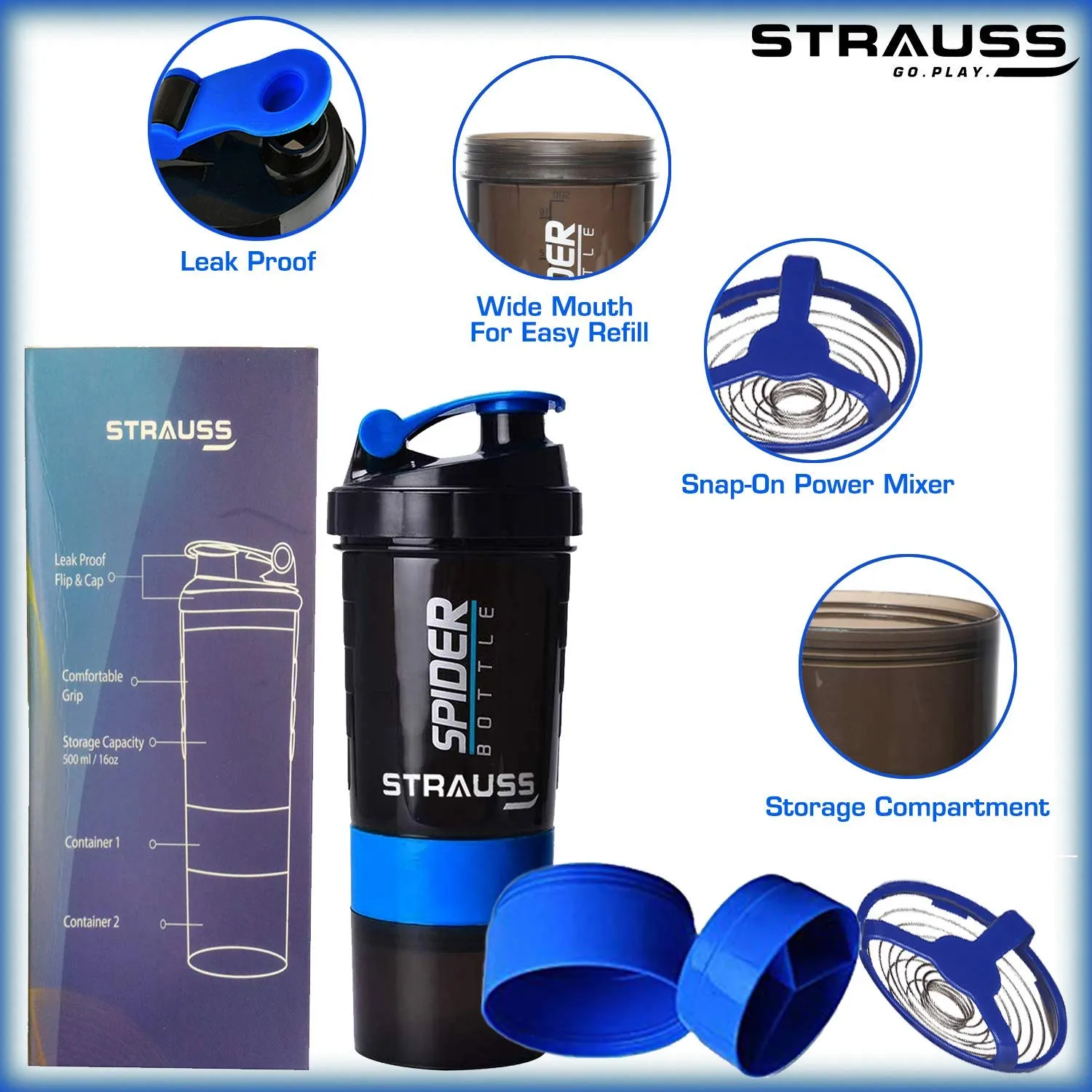 Strauss Spider Shaker Bottle 500ml,(Sky Blue) and Wrist Support Pair (Free Size, Black)