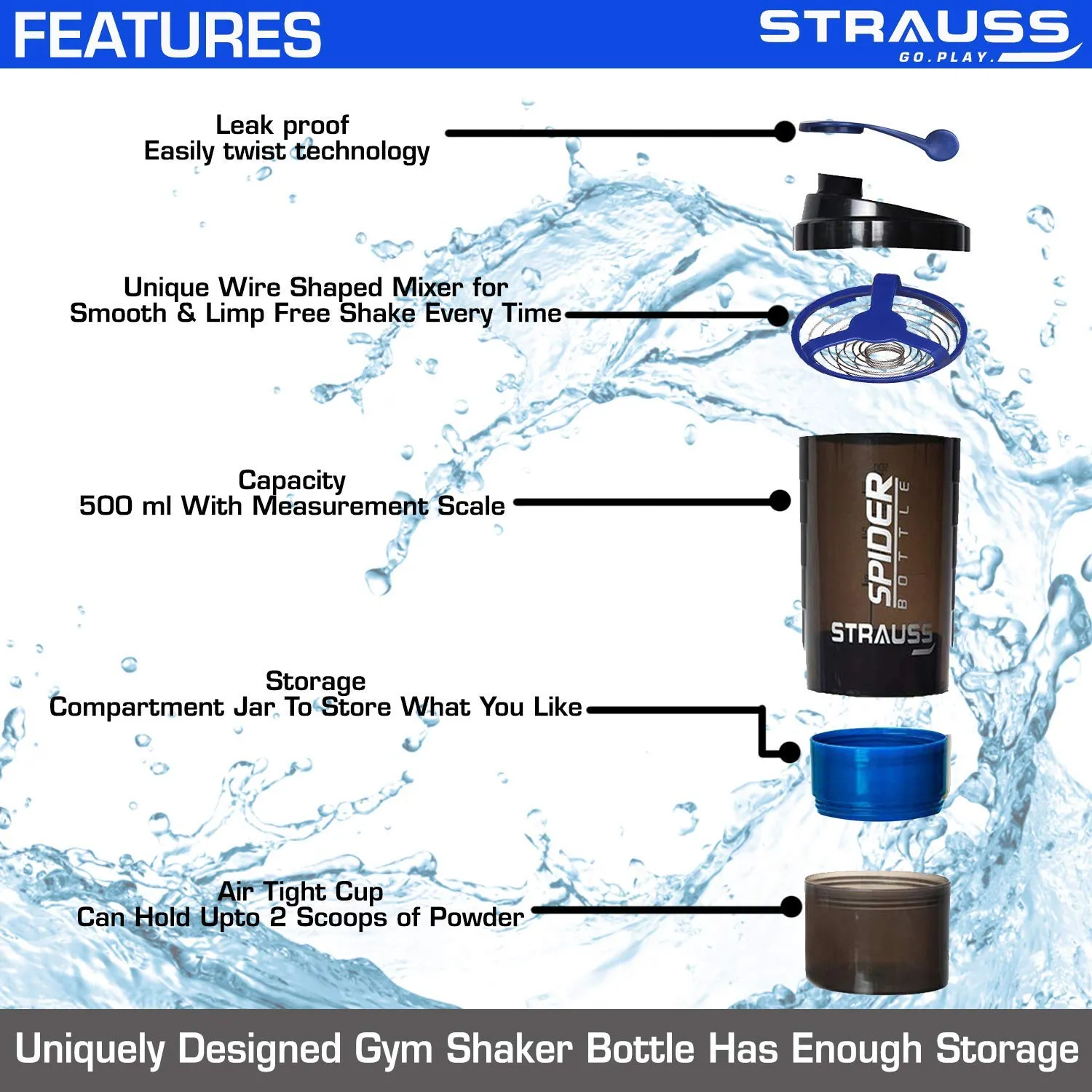 Strauss Spider Shaker Bottle 500ml,(Sky Blue) and Wrist Support Pair (Free Size, Black)