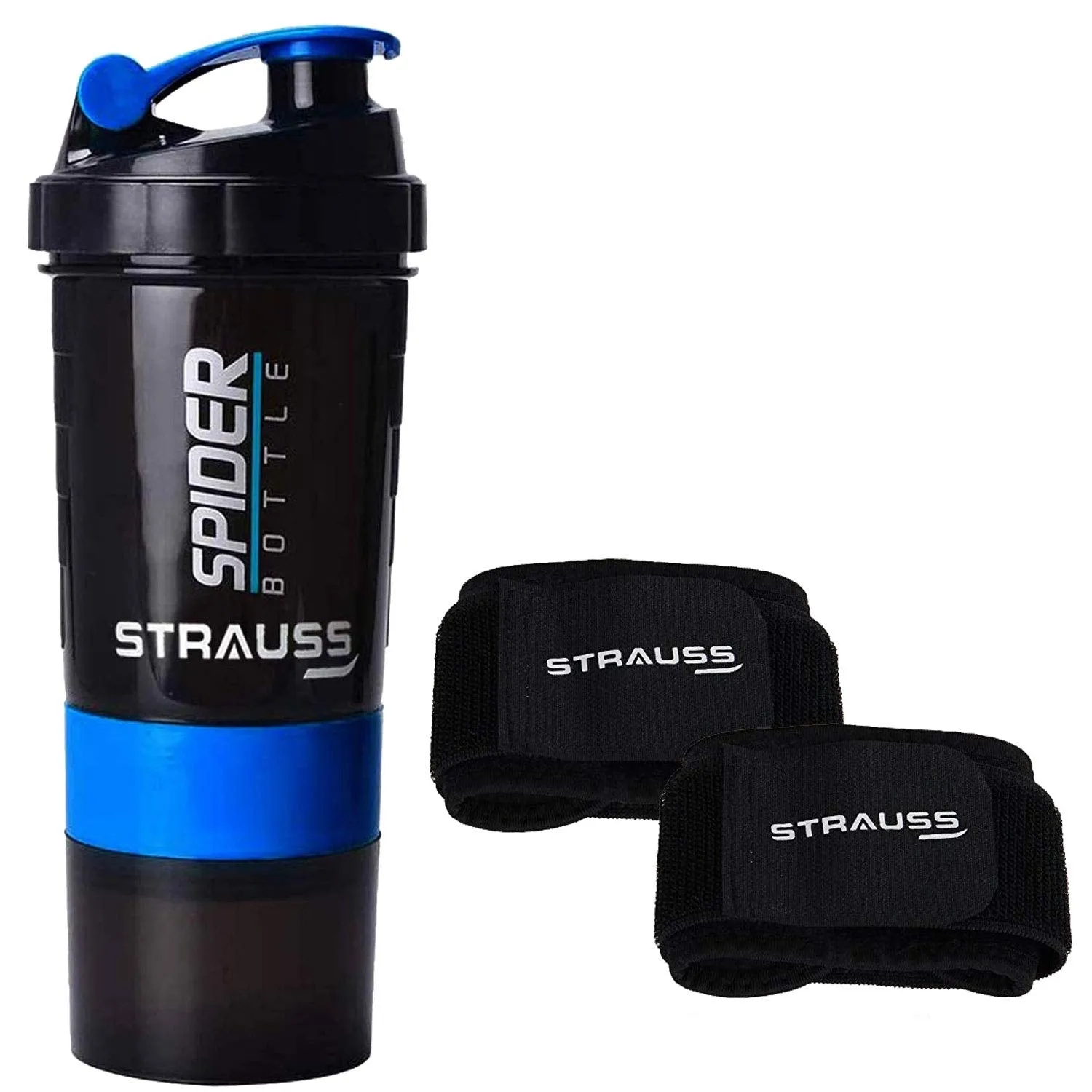 Strauss Spider Shaker Bottle 500ml,(Sky Blue) and Wrist Support Pair (Free Size, Black)