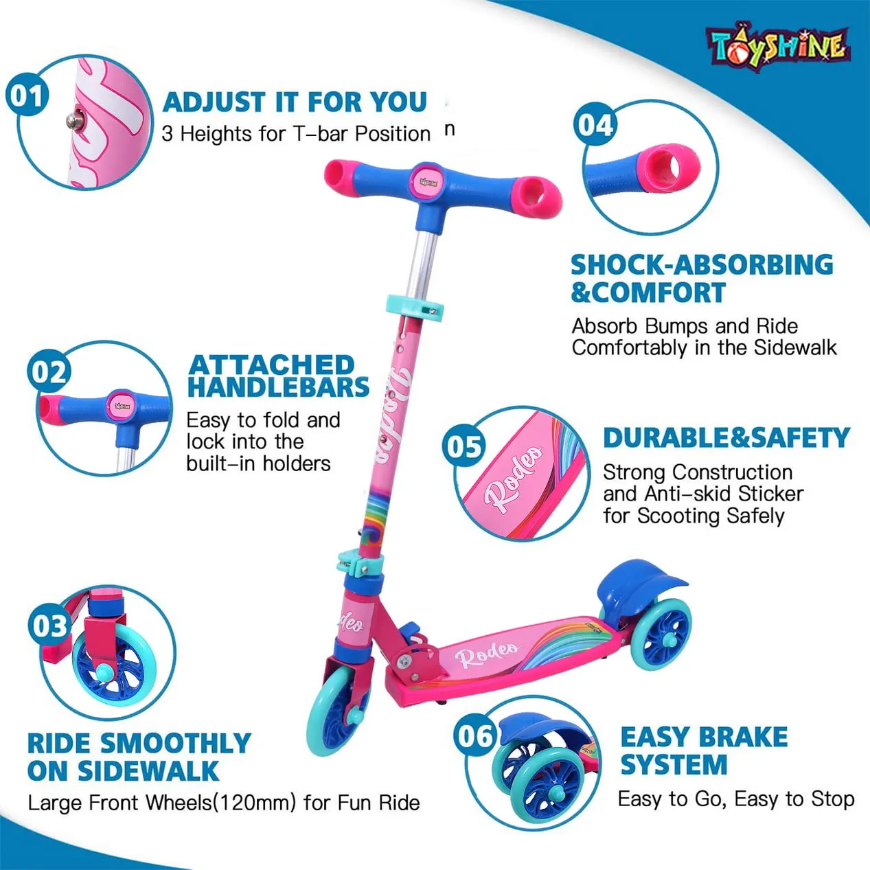 Toyshine Rodeo Runner Scooter for Kids with Anti Slip ABS Base and Aluminium Rod Ride-on, Height Adjustable, 3 Wheel Rider for Boys and Girls Ages 3 , Pink