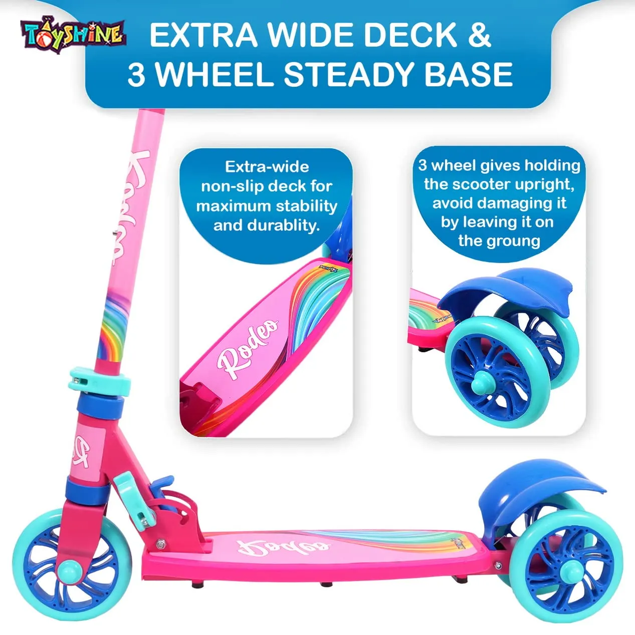 Toyshine Rodeo Runner Scooter for Kids with Anti Slip ABS Base and Aluminium Rod Ride-on, Height Adjustable, 3 Wheel Rider for Boys and Girls Ages 3 , Pink