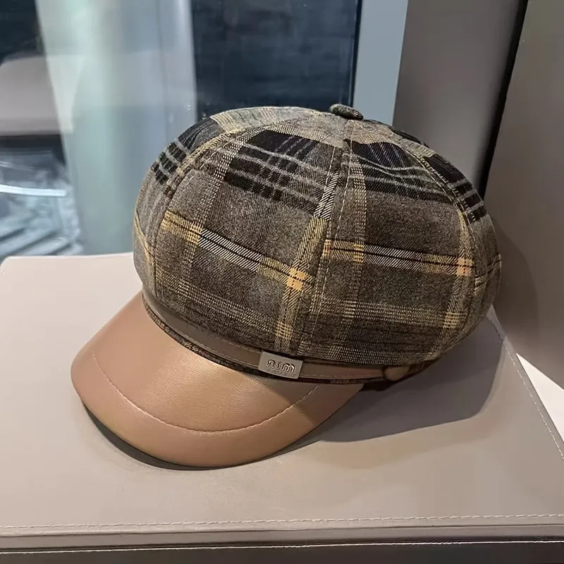 Vintage Plaid Octagonal Beret Hat - Warm, Coldproof, Classic British Style, Newsboy Design, Soft, Fleece Lined, Autumn and Winter Essential for Women - Perfect Painter Cap, Chic Fashion Accessory