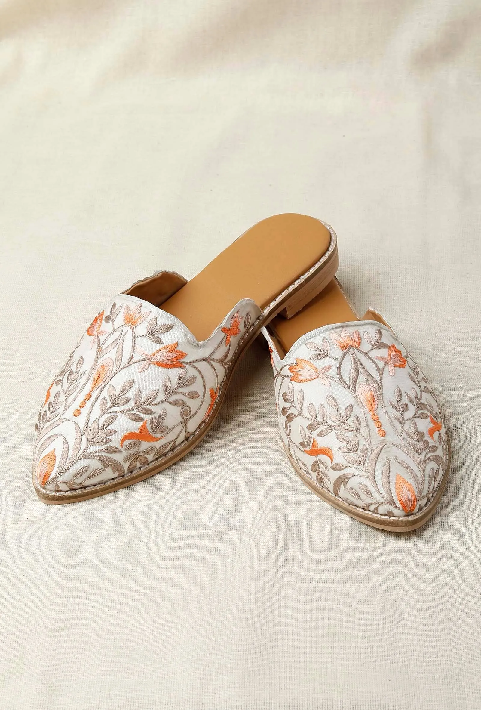 White Embroidered Dupion Silk Mules