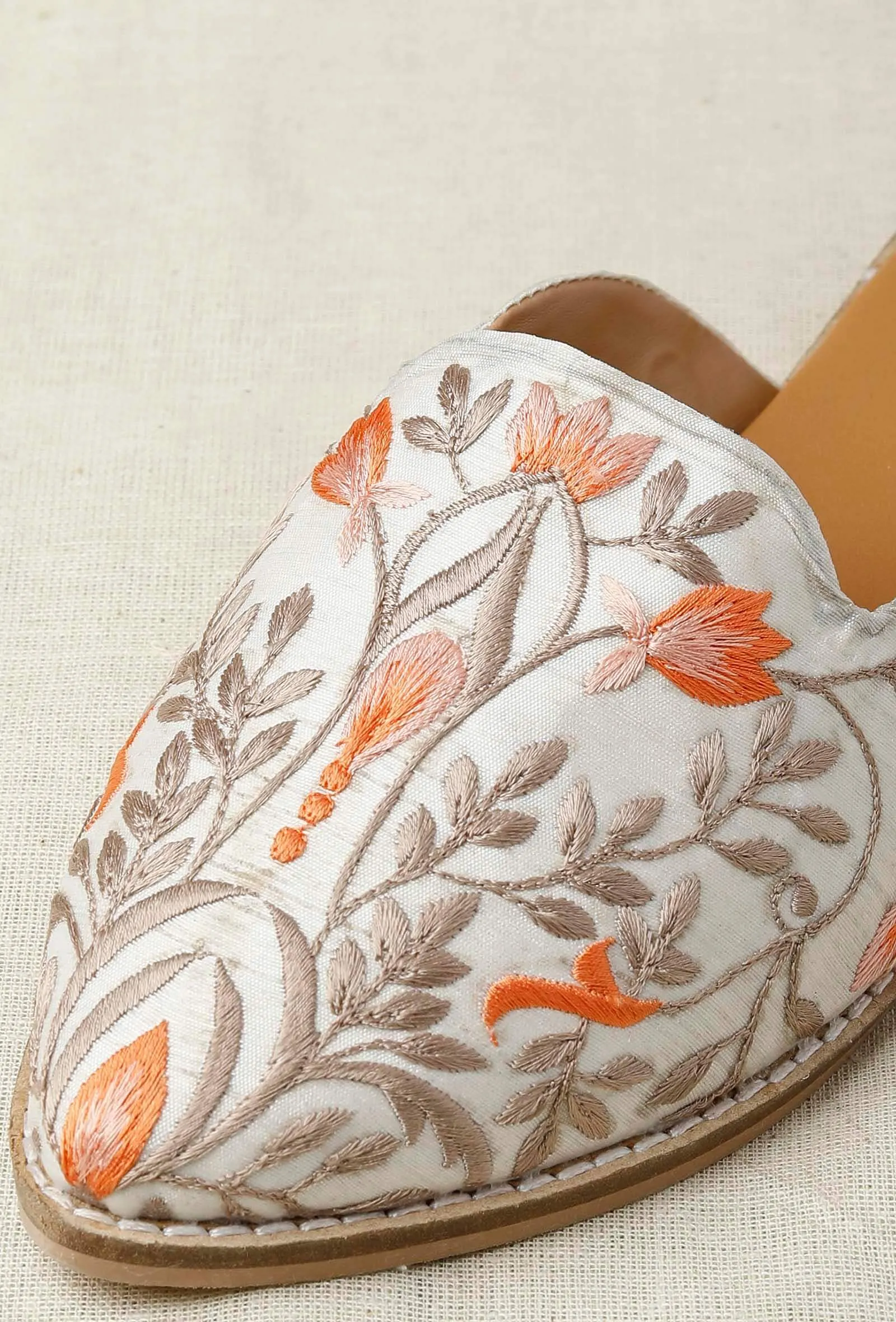 White Embroidered Dupion Silk Mules