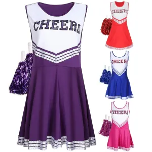 Women Cheerleader Costume Outfit With Poms Fancy Uniform Sports Dress