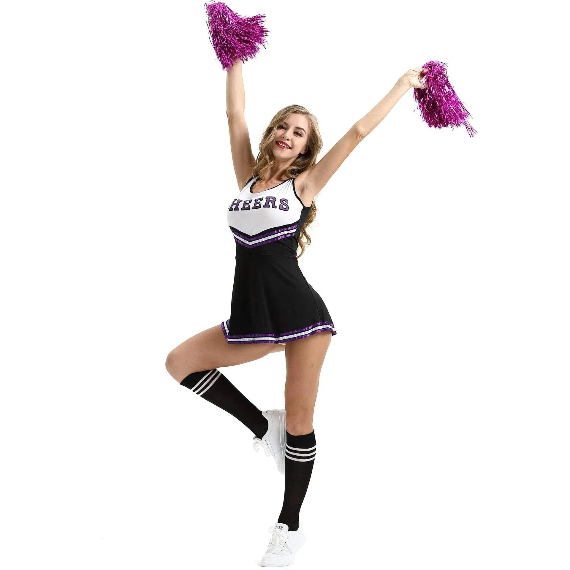 Women Cheerleader Costume Outfit With Poms Fancy Uniform Sports Dress