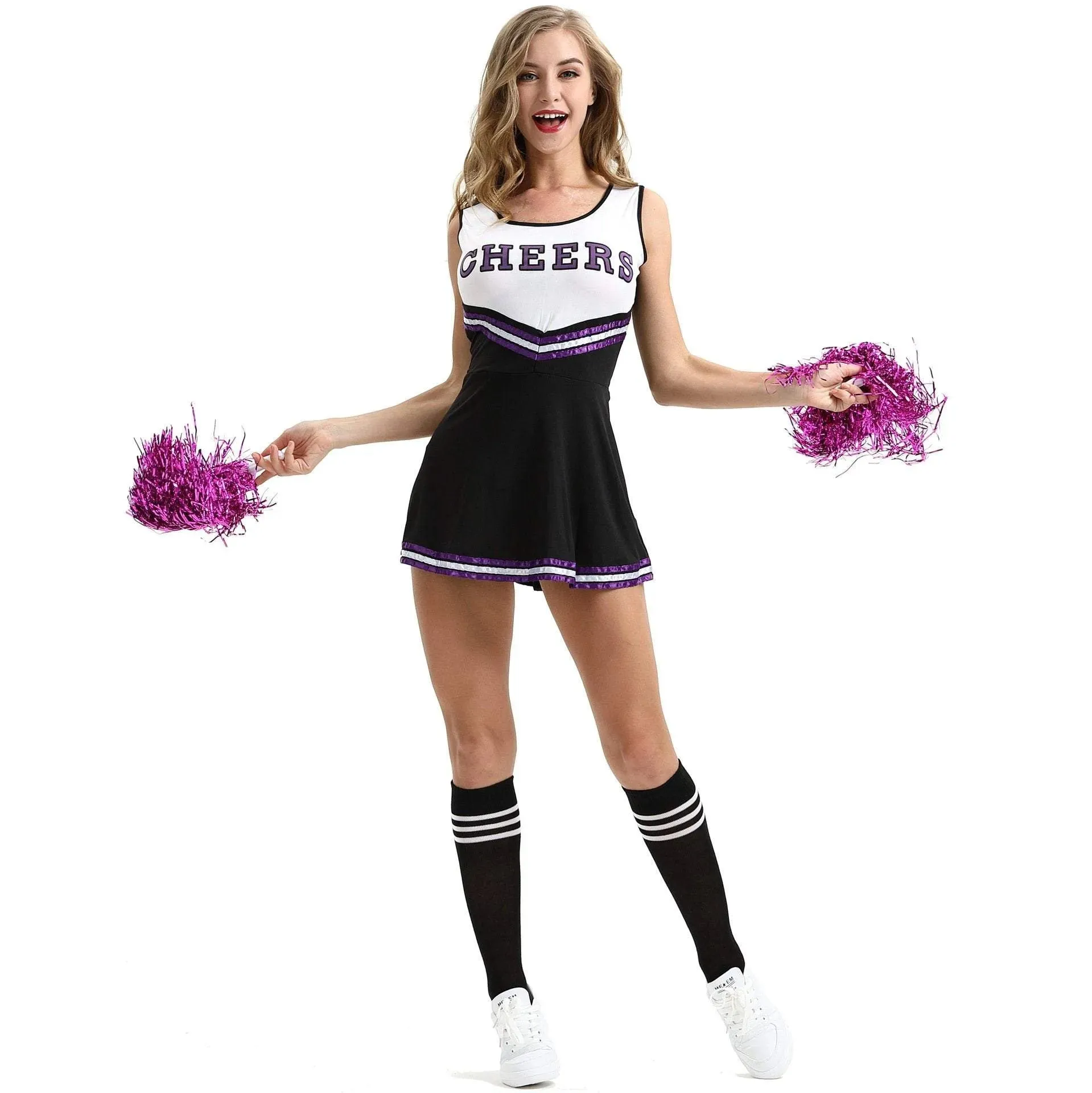 Women Cheerleader Costume Outfit With Poms Fancy Uniform Sports Dress