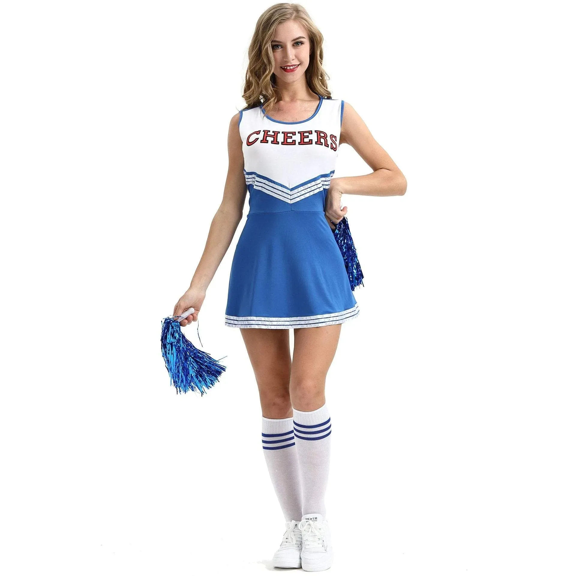 Women Cheerleader Costume Outfit With Poms Fancy Uniform Sports Dress