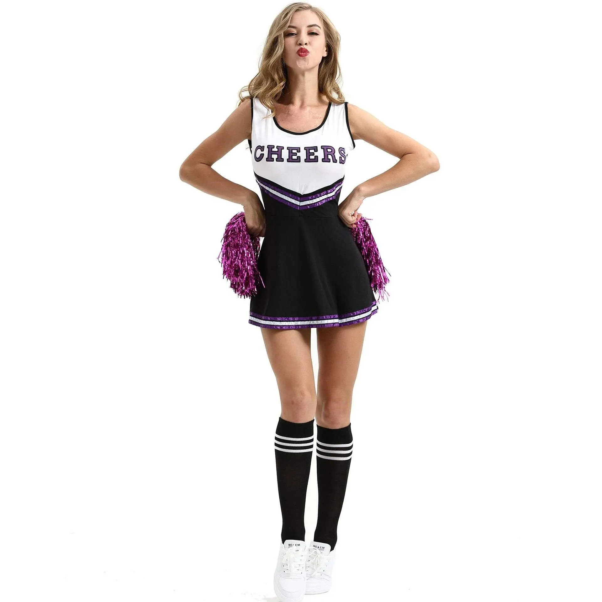 Women Cheerleader Costume Outfit With Poms Fancy Uniform Sports Dress